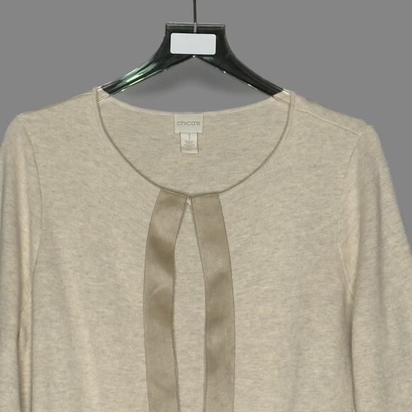 Chicos M Womens Fringe Hem Cardigan Style Top Cardigan Suede Trim Beige - Picture 5 of 12